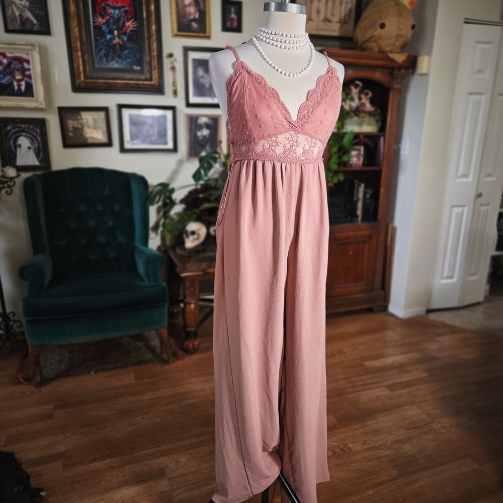 Blache Pink Lace Trim‎ Wide Leg Jumpsuit Boho Tie Back Women's Size Medium